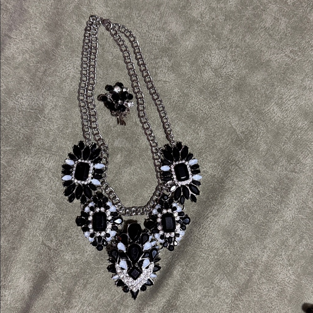 Black and Silver Statement Necklace and Brooch Set
